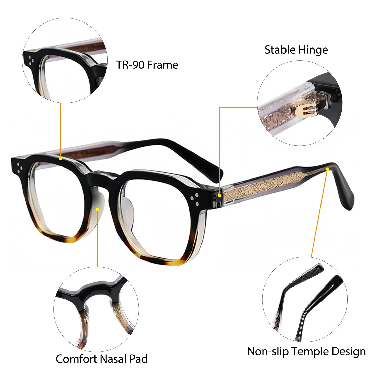 Lunettes noires et marron en TR-90 avec charnière stable, plaquettes nasales confort et branches antidérapantes