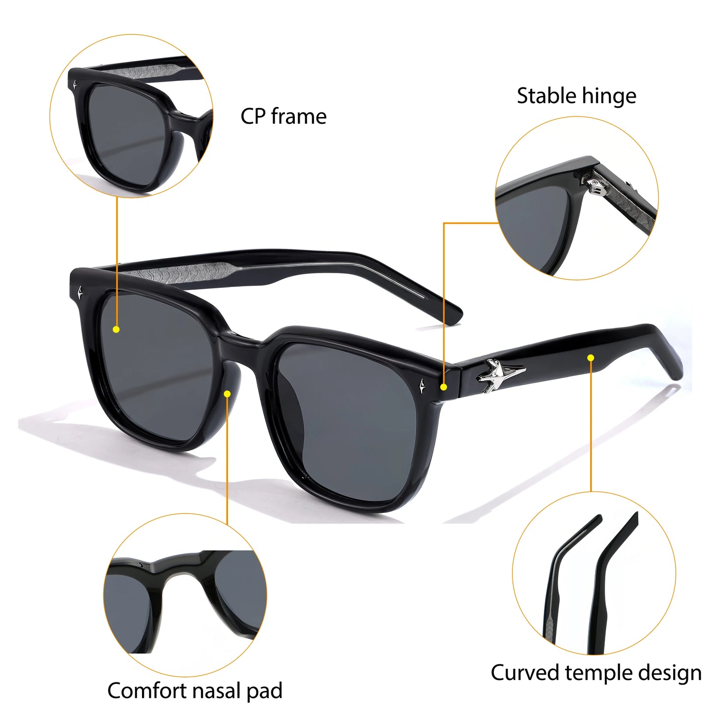 Lunettes de soleil noires avec monture CP, charnière stable, plaquettes nasales confortables et branches incurvées