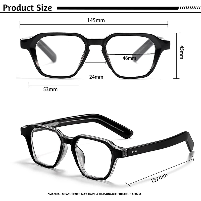 Black rectangular eyeglasses with detailed measurements showing frame width, lens width, bridge width, lens height, and temple length