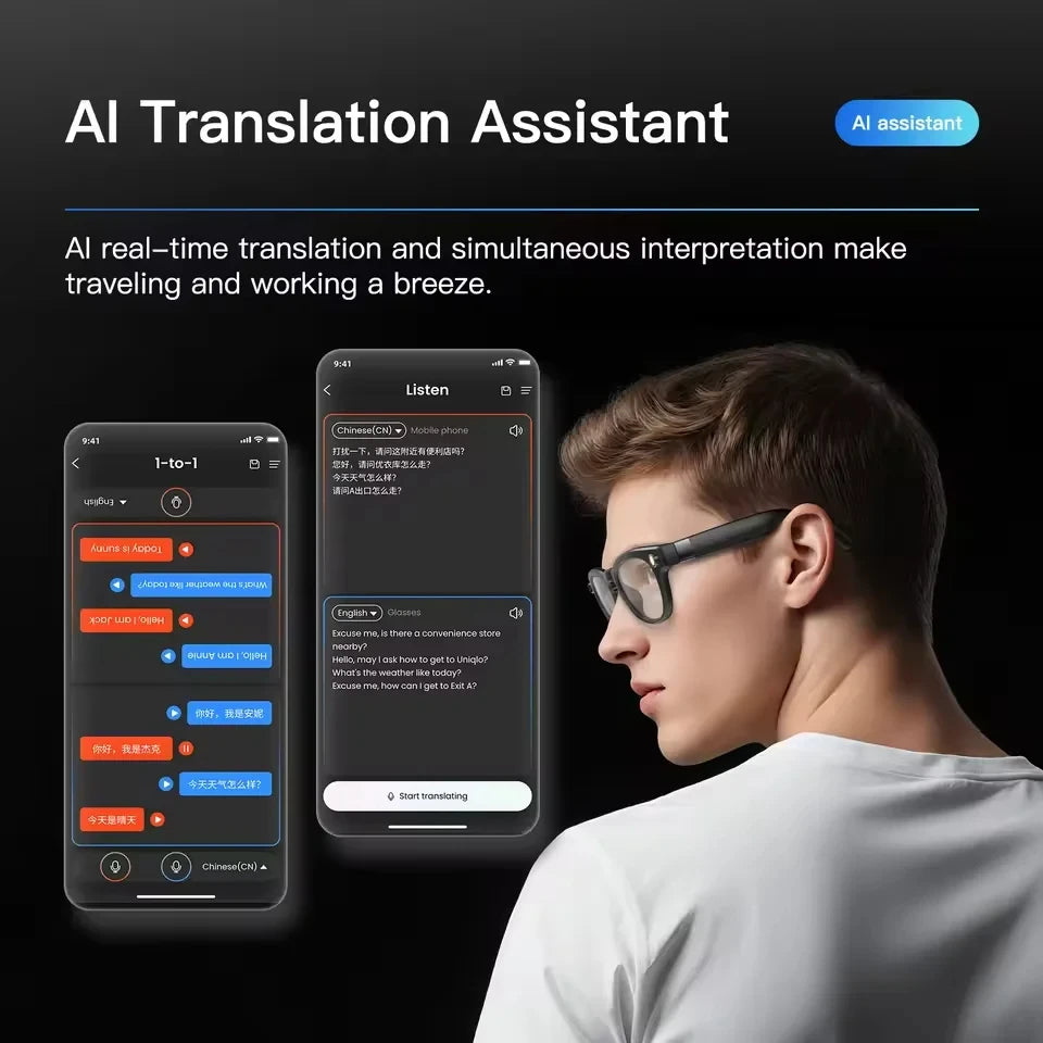 AI smart glasses with camera, Bluetooth, voice assistant and translation