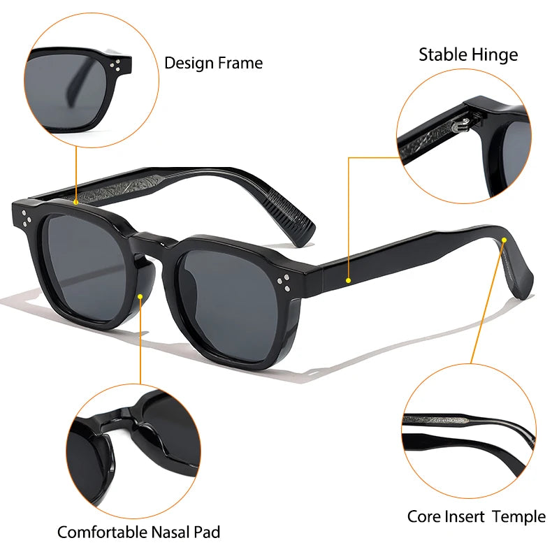 Lunettes de soleil noires avec monture design, charnière stable, plaquettes nasales confortables et branches avec insert décoratif