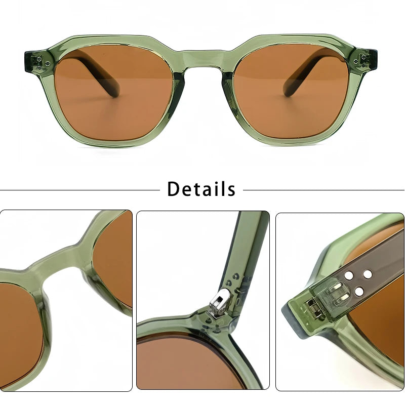 Lunettes de soleil vert transparent avec verres bruns, vue détaillée des montures et charnières