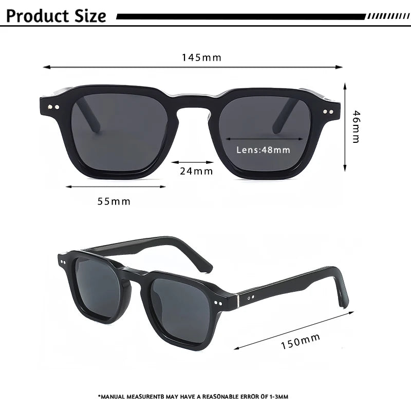 Lunettes de soleil carrées noires avec dimensions détaillées en millimètres pour chaque partie