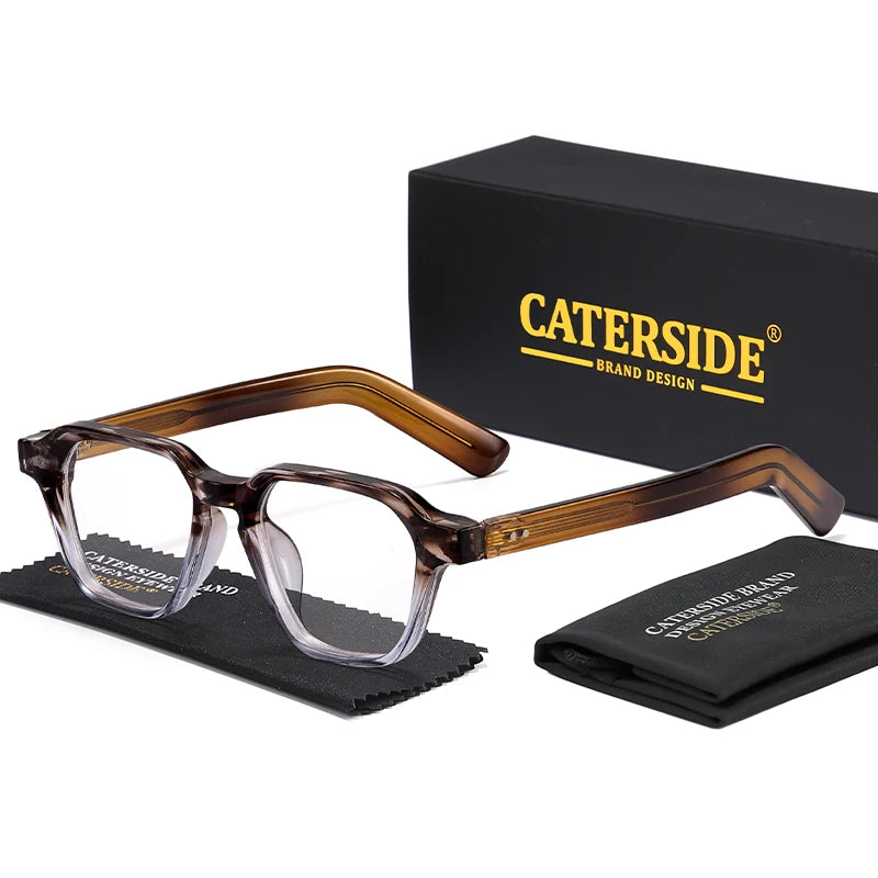 Caterside brand brown translucent square eyeglasses with cleaning cloth and black box