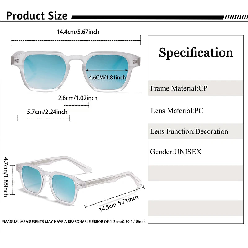 Lunettes unisexes à monture transparente et verres bleus, dimensions et spécifications détaillées