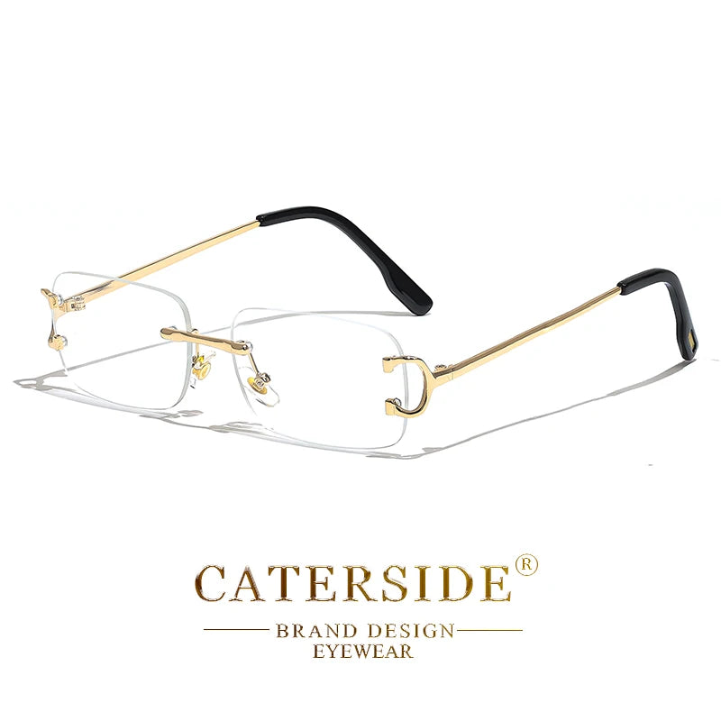 Lunettes de vue sans monture avec branches dorées et embouts noirs, design élégant Caterside