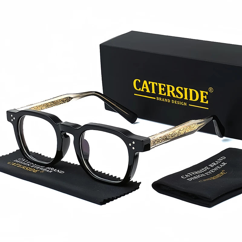 Lunettes Caterside à monture noire avec branches dorées sculptées, boîte et étui de marque