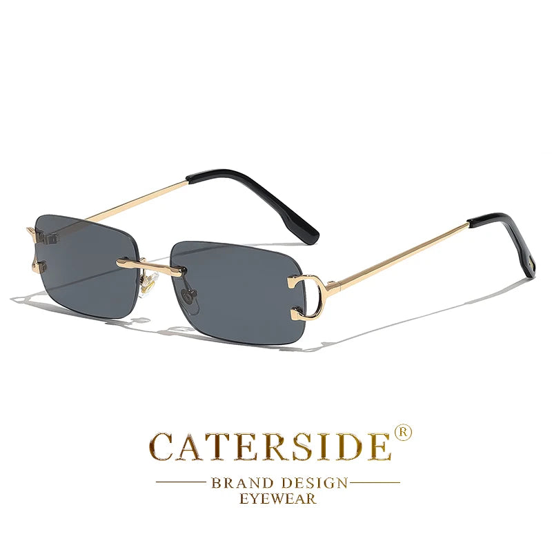 Lunettes de soleil sans monture avec verres rectangulaires noirs et branches fines dorées