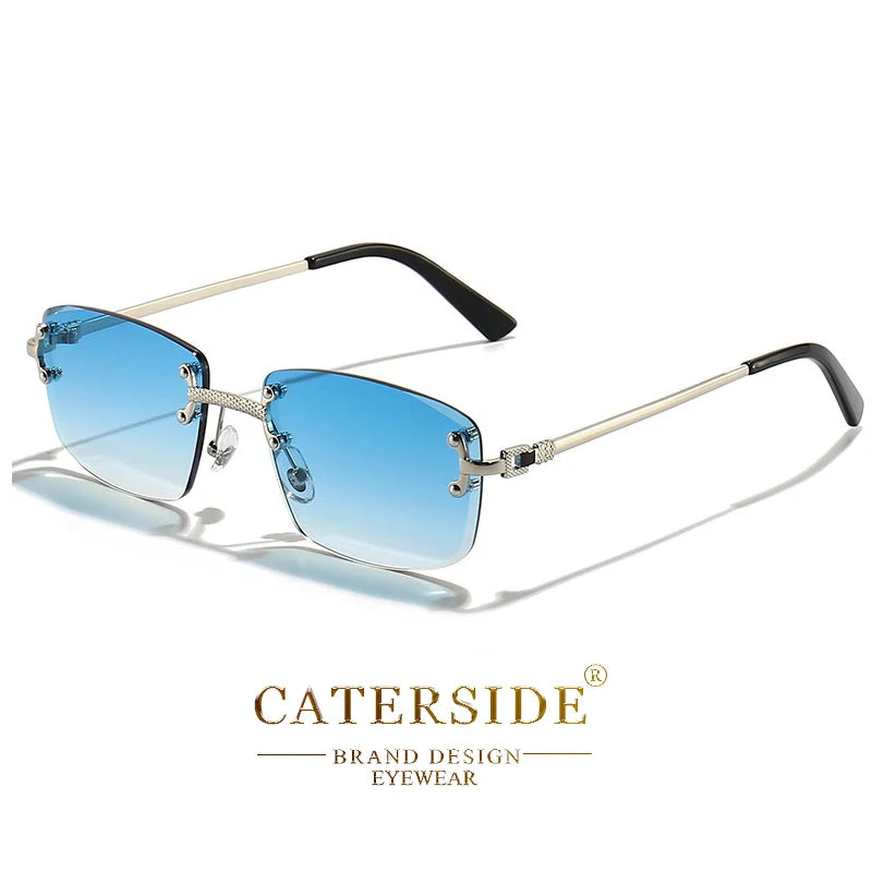 Lunettes de soleil carré sans monture avec verres bleus dégradés et branches dorées fines