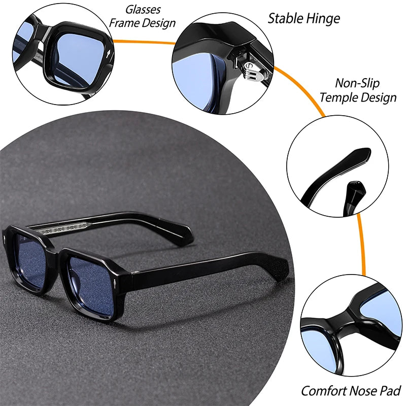 Lunettes de soleil à monture noire carrée avec verres bleus, charnière stable, design antidérapant et plaquettes confortables.