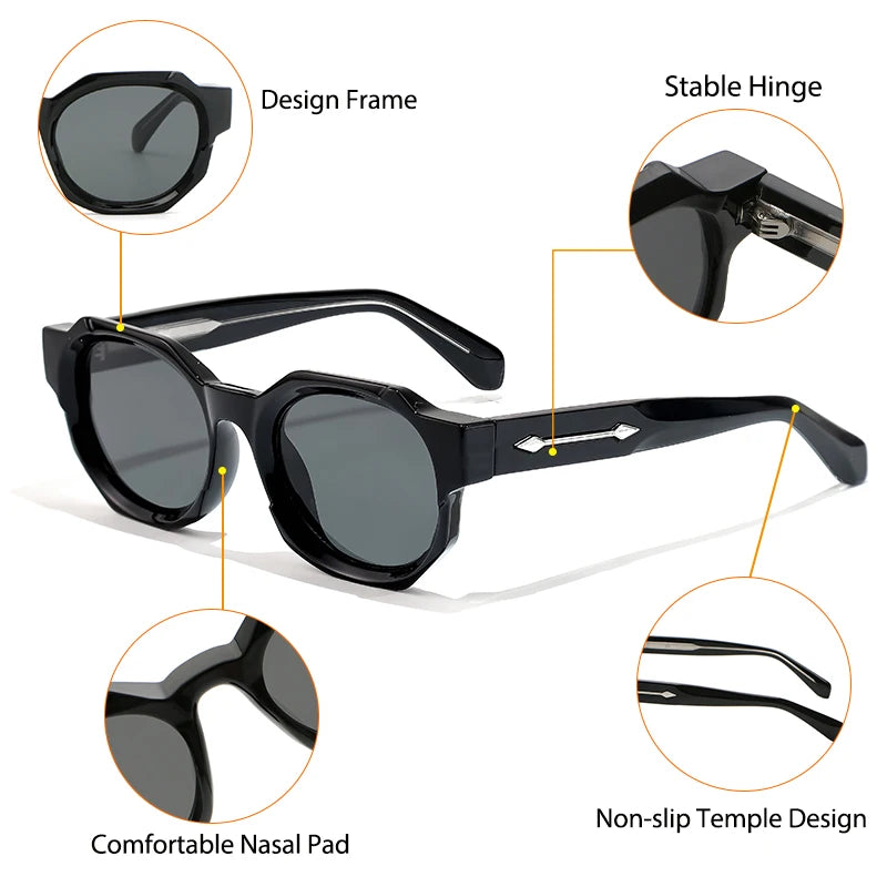 Lunettes de soleil noires avec cadre design, charnière stable, plaquette nasale confortable et branches antidérapantes