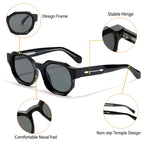 Lunettes de soleil noires avec cadre design, charnière stable, plaquette nasale confortable et branches antidérapantes