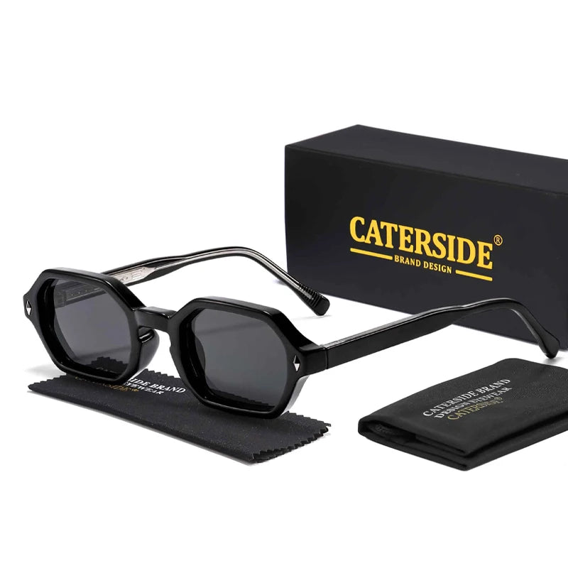 Lunettes de soleil noires octogonales Catside avec boîte, pochette et chiffon de nettoyage