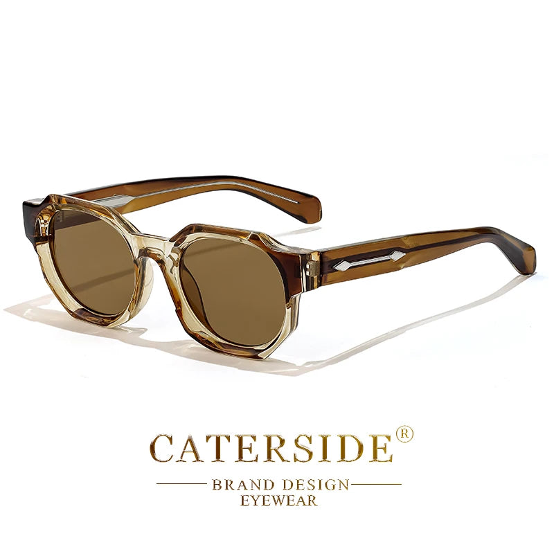 Lunettes de soleil marron clair à monture épaisse hexagonale design tendance marque Caterside