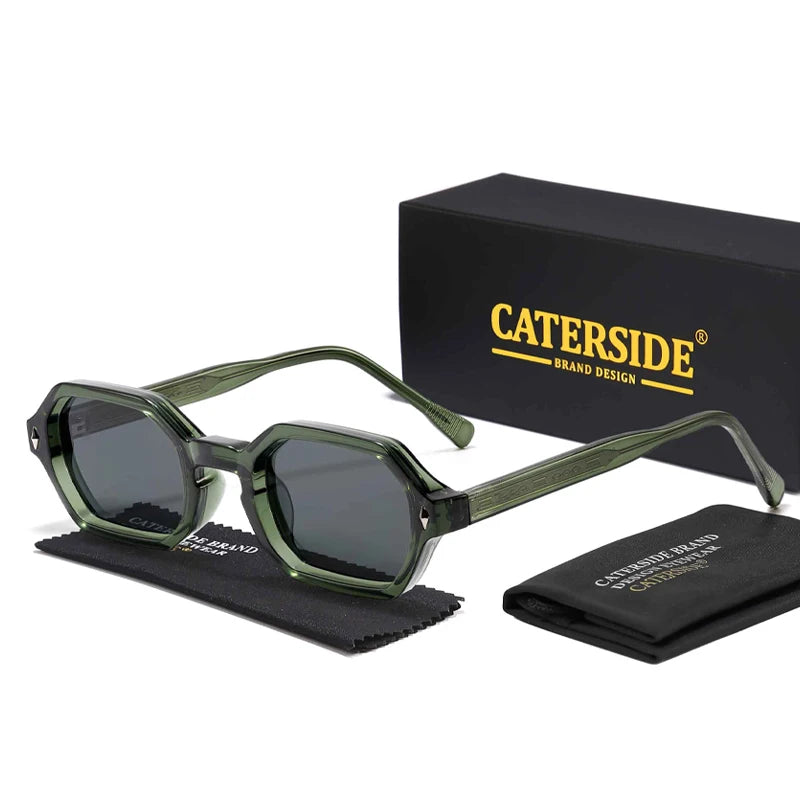 Lunettes de soleil vertes octogonales avec étui et boîte noire de marque CATERSIDE