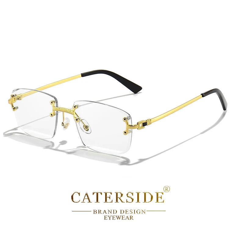 Lunettes de vue sans monture avec branches dorées et embouts noirs, design élégant marque CATERSIDE