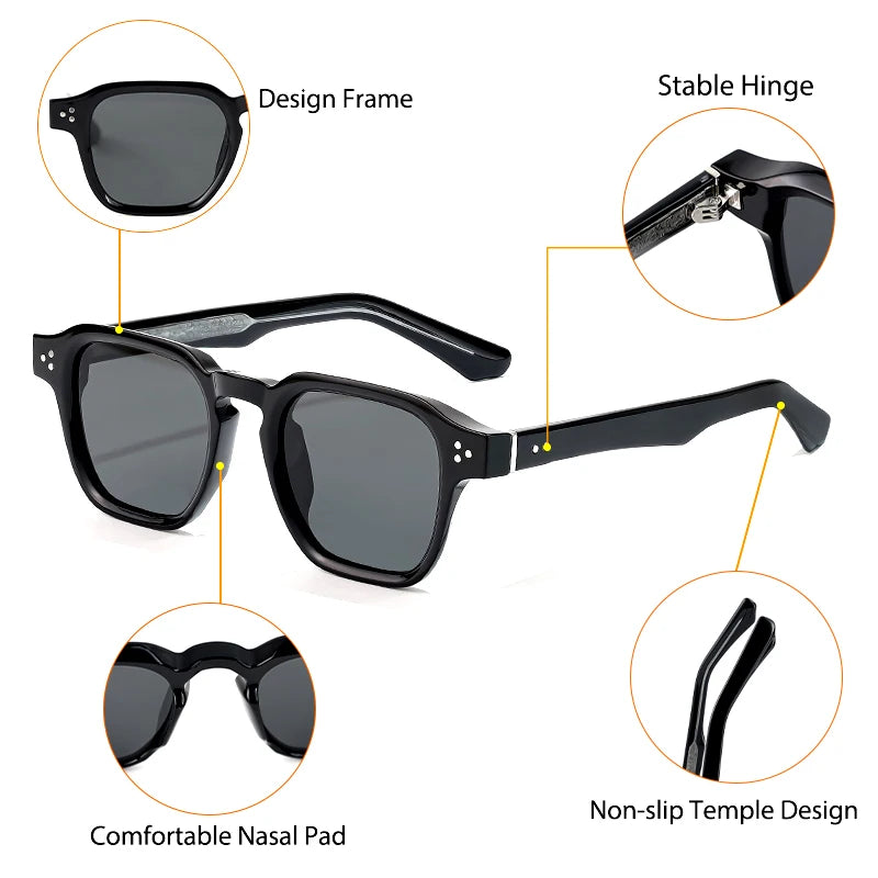 Lunettes de soleil noires avec design cadre, charnière stable, plaquettes nasales confortables et branches antidérapantes