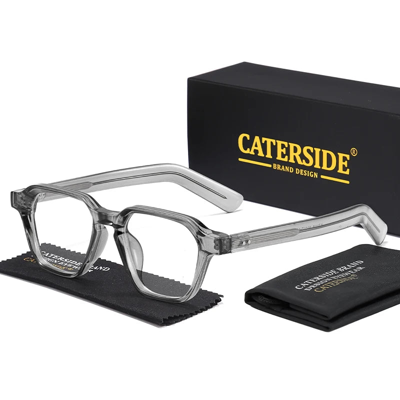 Transparent square eyeglasses with black cleaning cloth and CATERSIDE branded black box