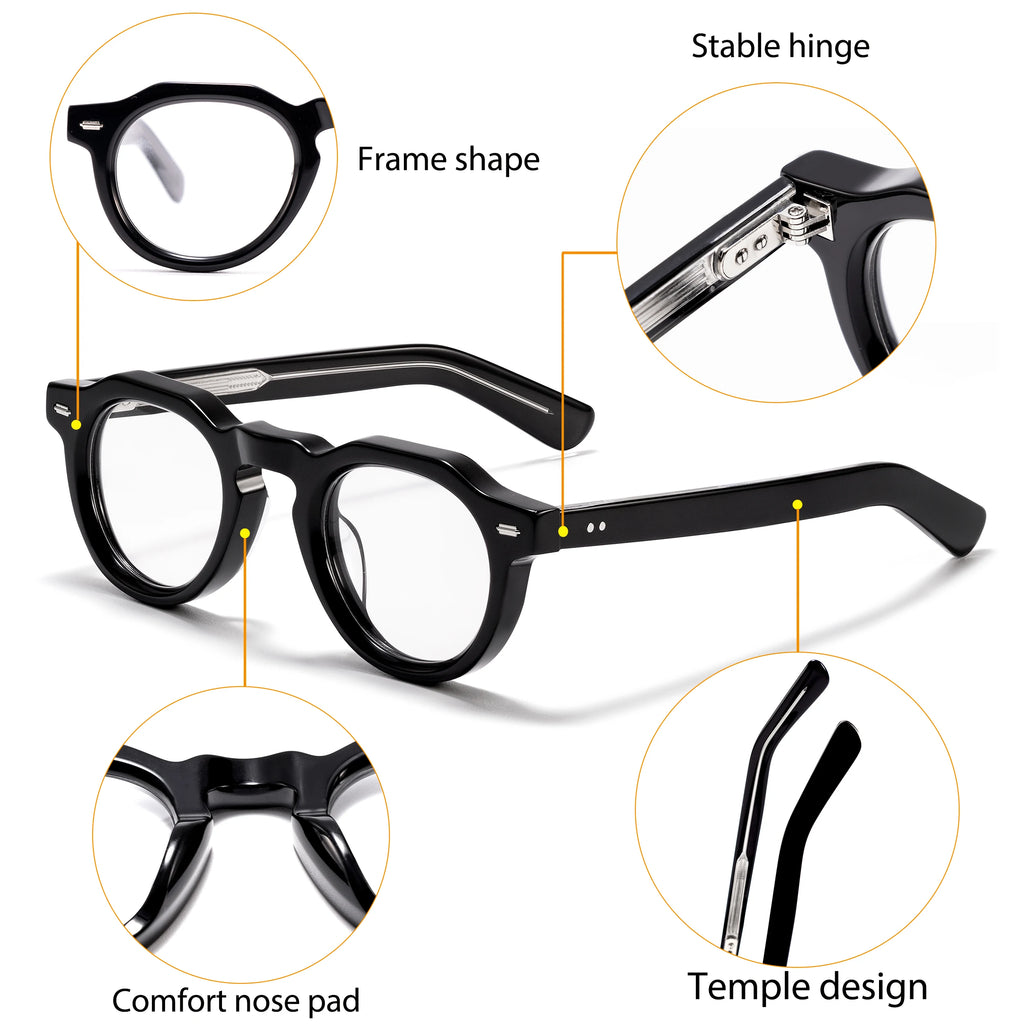 Lunettes noires avec verres ronds, charnières stables, plaquettes confort et design des branches
