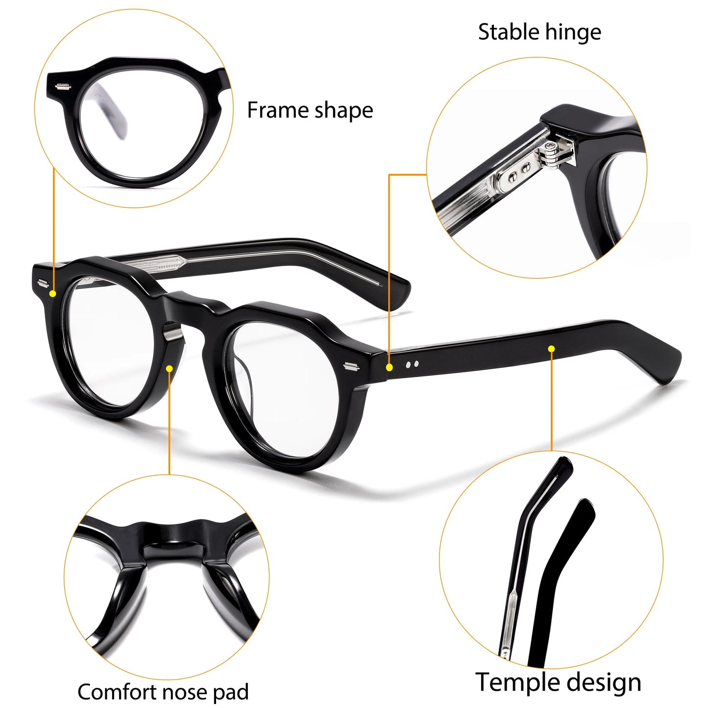 Lunettes noires avec verres ronds, charnières stables, plaquettes confort et design des branches