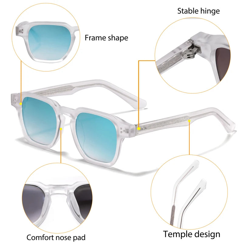 Lunettes de soleil avec monture transparente, verres dégradés bleus, charnière stable et design confortable