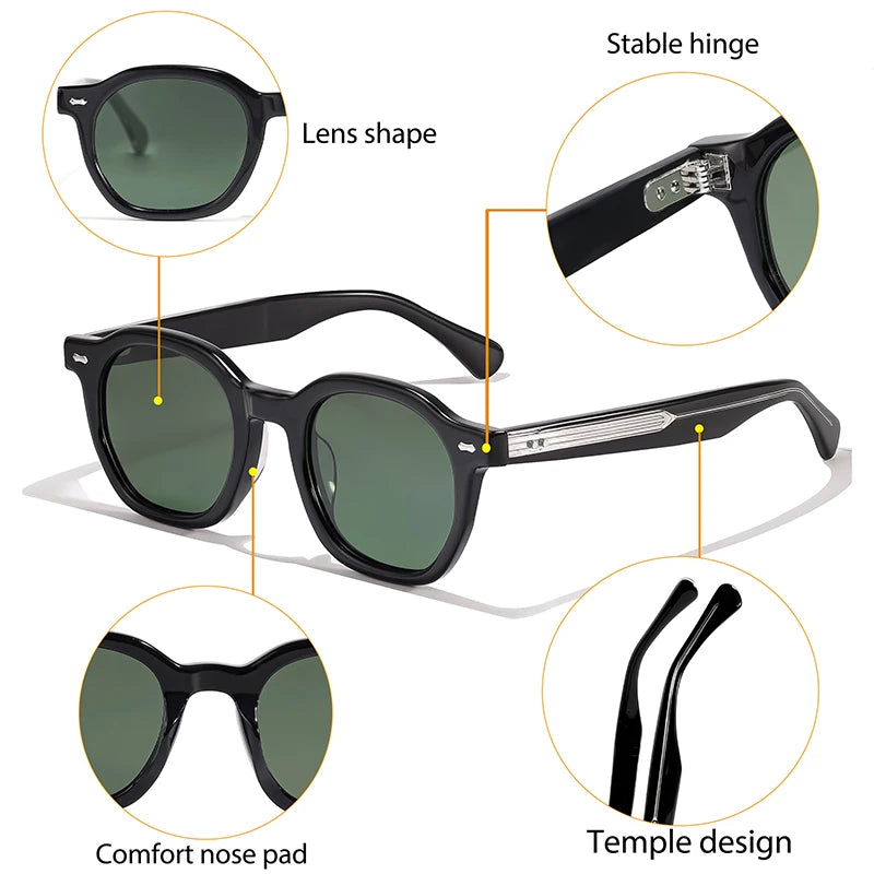 Lunettes de soleil noires avec verres verts, charnière stable, embouts confort et design des branches