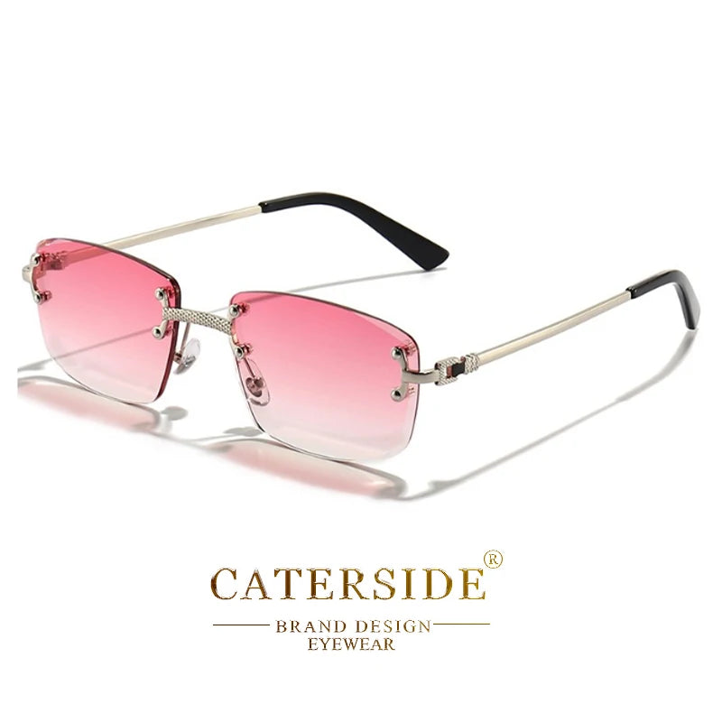 Lunettes de soleil sans monture avec verres dégradés roses et branches dorées, design CATERISIDE