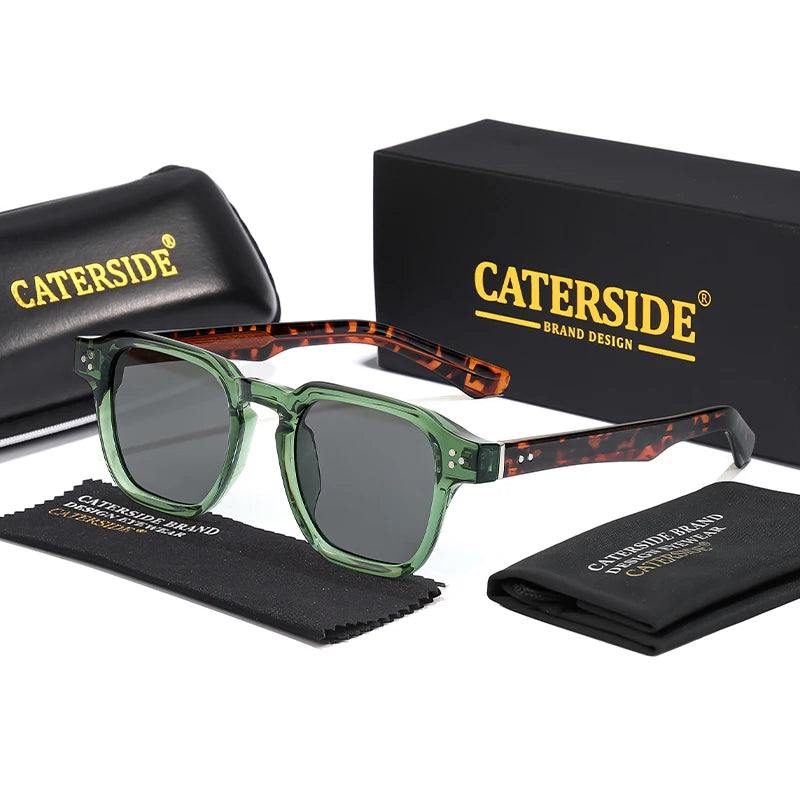 Lunettes de soleil Carrées Caterside vert transparent avec branches écaille de tortue, étui et chiffon de nettoyage noir