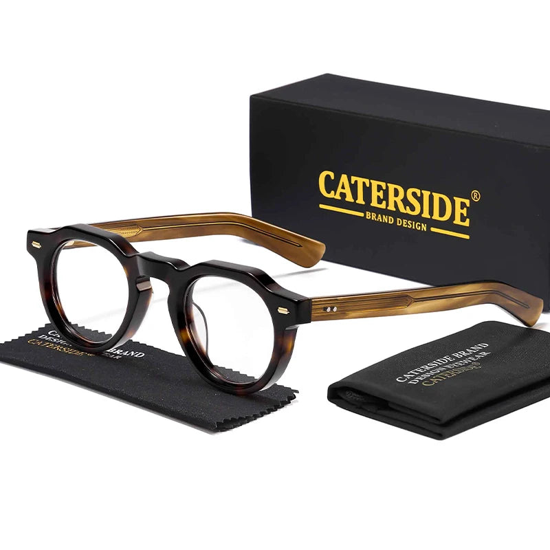 Lunettes de vue rondes écaille avec branches bois, boîte et étui noir CaterSide