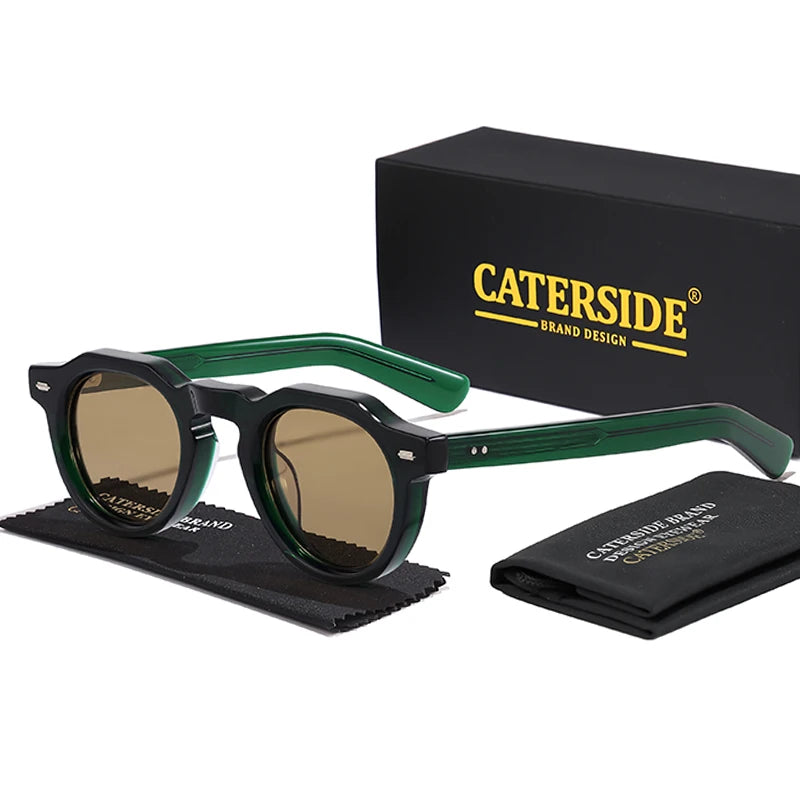 Lunettes de soleil rondes vertes avec verres marron, boîte noire et étui Caterside