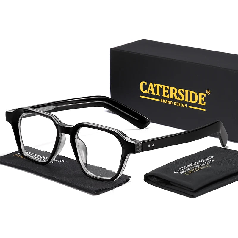 Black rectangular eyeglasses with clear inner rims, branded CATERSIDE with cleaning cloth and box