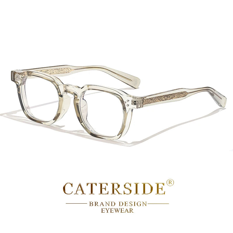 Lunettes transparentes carrées avec branches dorées gravées, design marque Caterside