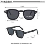 Lunettes de soleil carrées noires avec dimensions détaillées en millimètres pour chaque partie