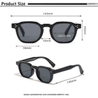 Lunettes de soleil noires avec verres gris et dimensions détaillées en millimètres