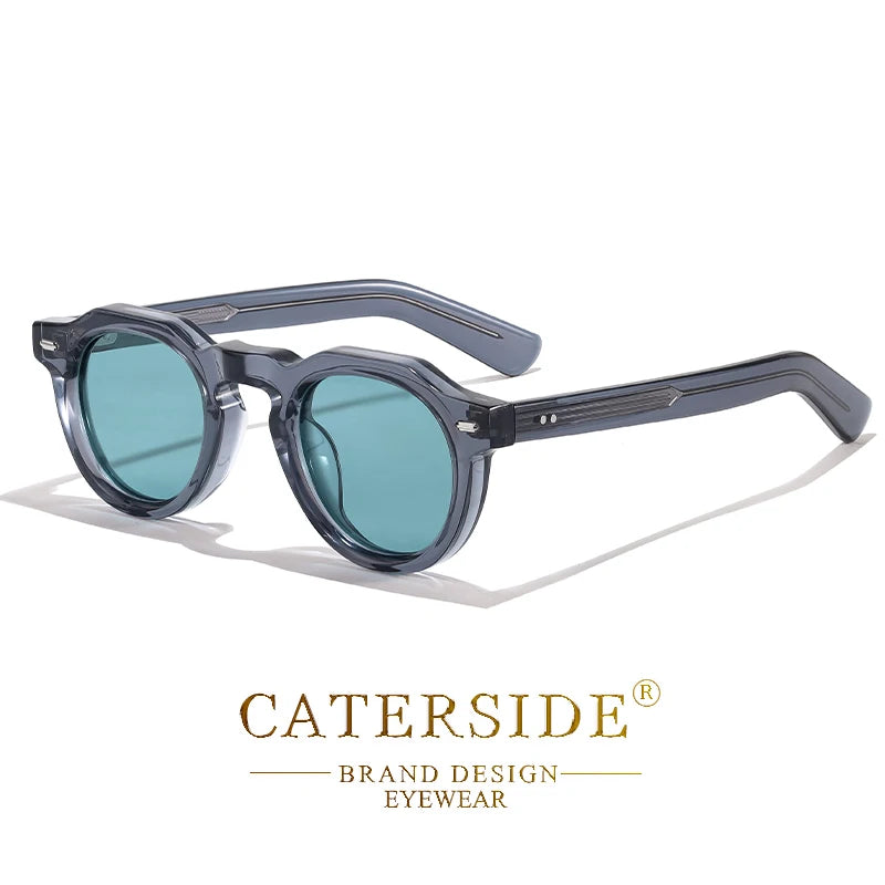 Lunettes de soleil Caterside avec monture grise transparente et verres bleus ronds