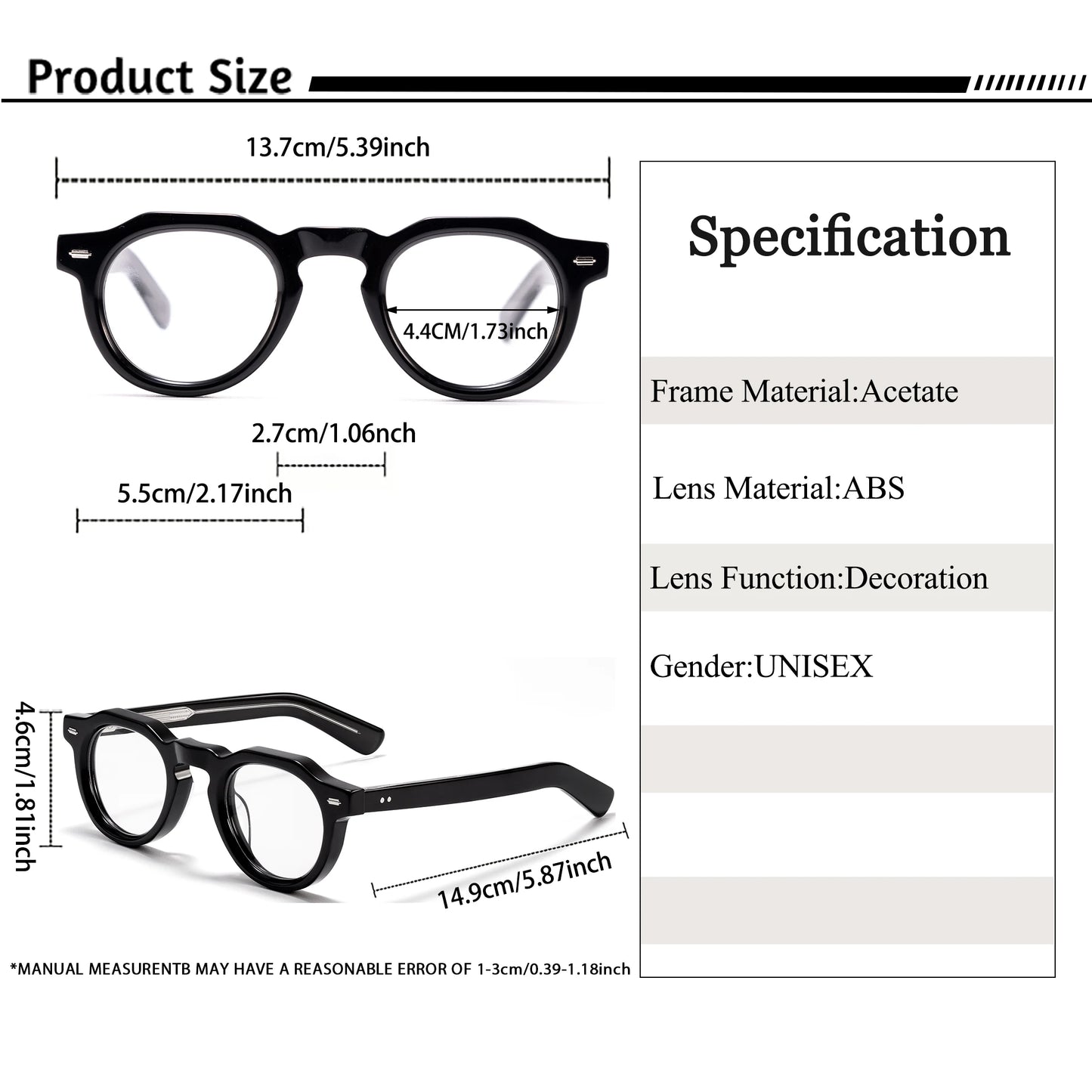 Lunettes unisexes noires en acétate, dimensions détaillées avec verres en ABS décoratifs