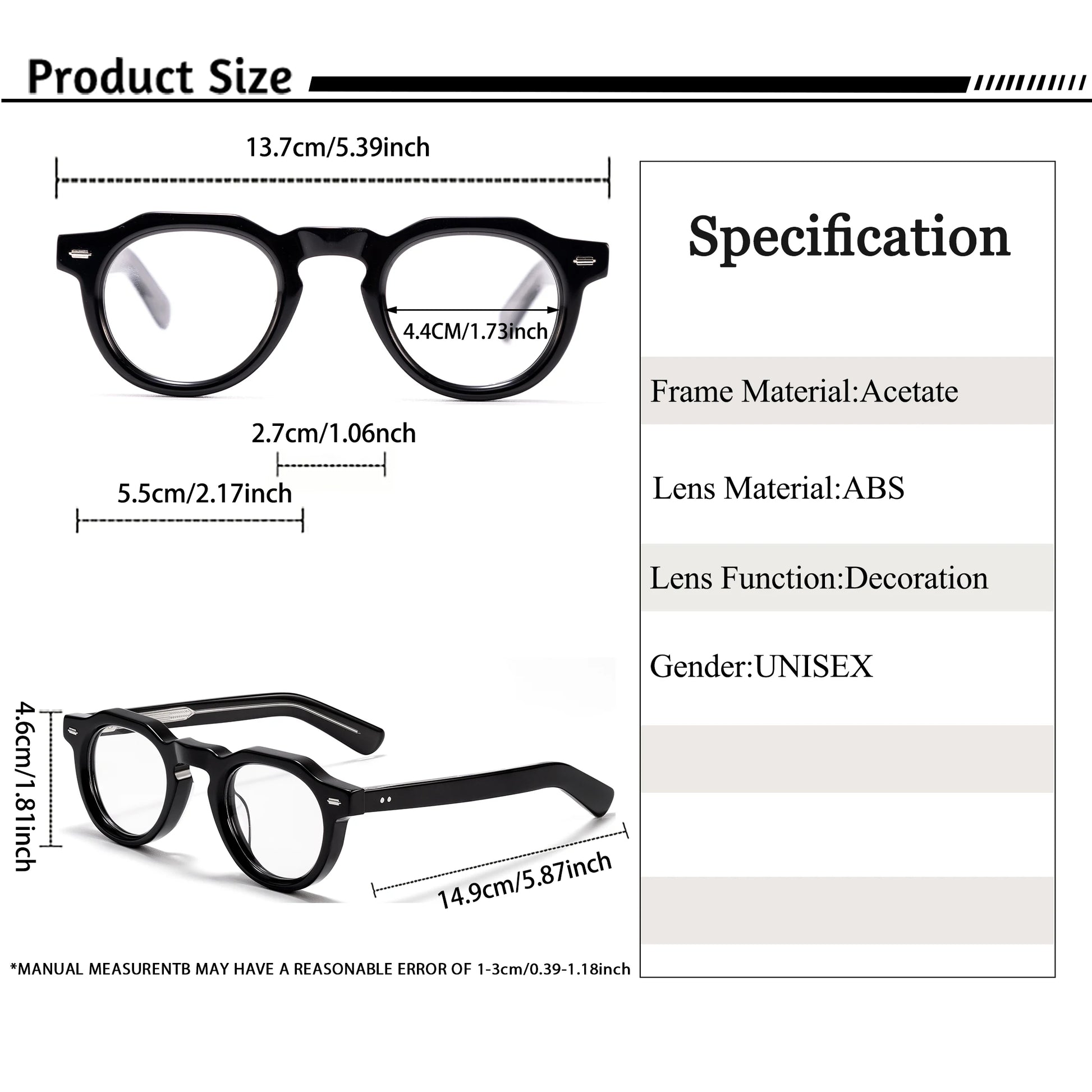 Lunettes unisexes noires en acétate, dimensions détaillées avec verres en ABS décoratifs
