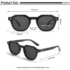 Lunettes de soleil noires avec verres foncés et dimensions détaillées en millimètres