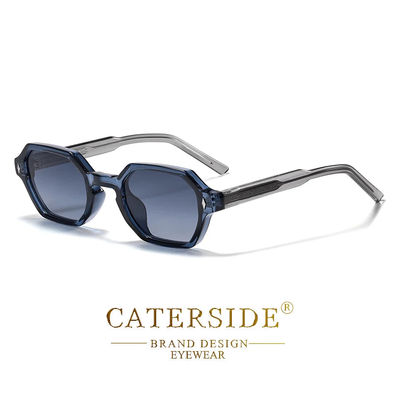 Lunettes de soleil hexagonales bleues avec branches transparentes, design moderne CATERESIDE