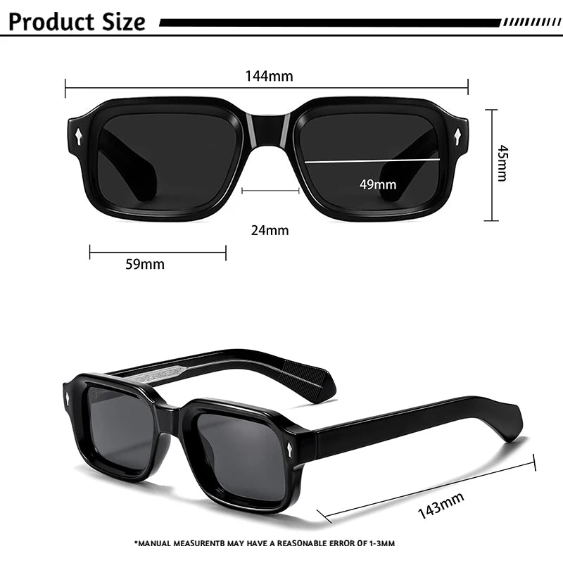 Lunettes de soleil noires carrées avec dimensions détaillées en millimètres pour taille du produit