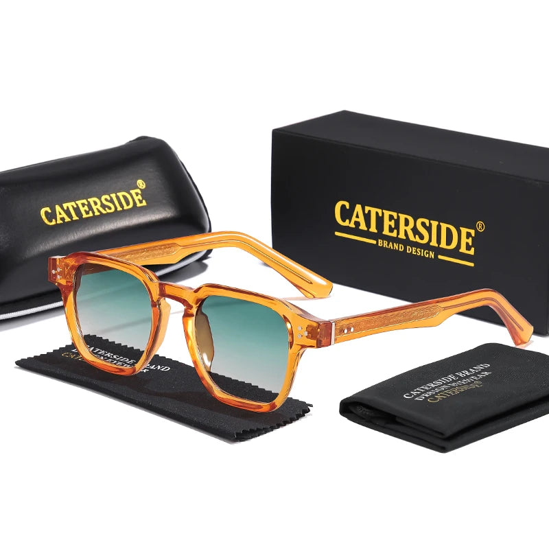 Lunettes de soleil Caterside à monture orange translucide et verres dégradés, accompagnées d'une pochette et d'un étui noirs