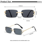 Lunettes de soleil rectangulaires sans monture avec branches dorées et verres teintés noirs, dimensions précisées