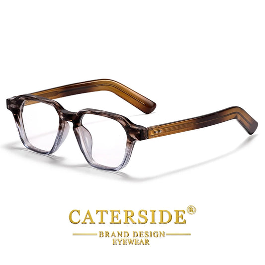 Transparent brown square eyeglasses with thick arms on white background, Caterside eyewear brand