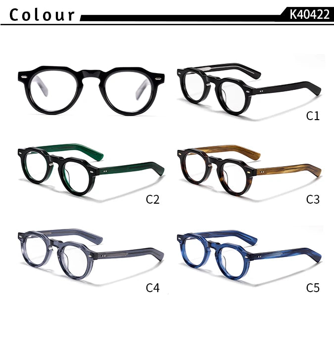 Collection de lunettes rondes K40422 avec montures en noir, vert, marron, gris et bleu, style vintage