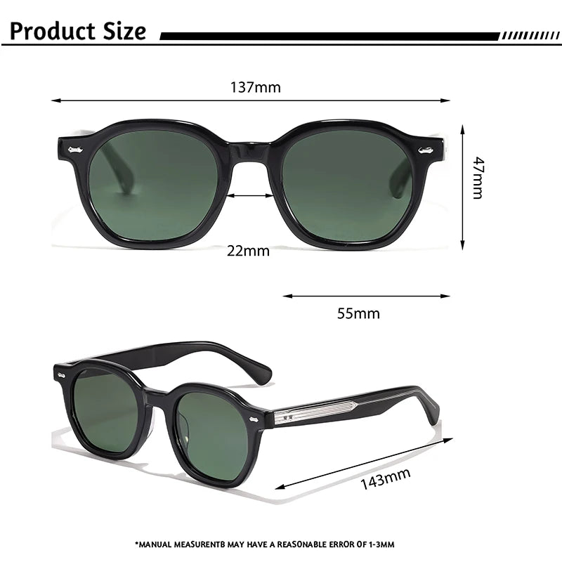 Lunettes de soleil noires avec verres verts, dimensions détaillées en mm, design classique