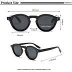 Lunettes de soleil noires rondes avec dimensions détaillées en millimètres, style rétro et verres foncés