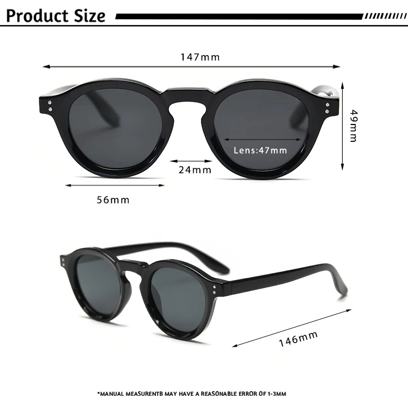 Lunettes de soleil noires rondes avec dimensions détaillées en millimètres, style rétro et verres foncés