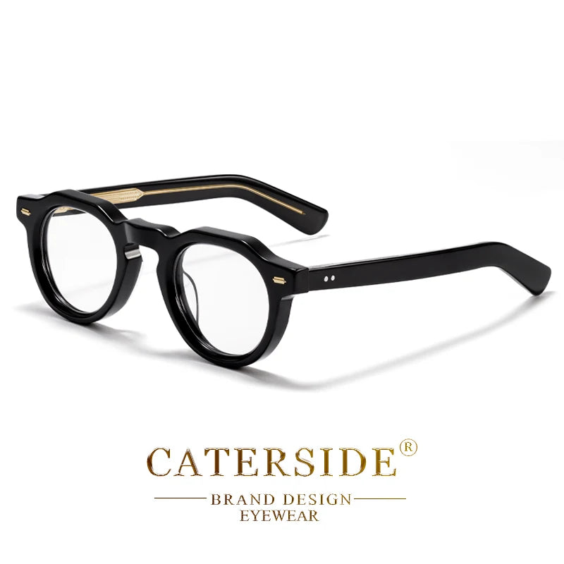 Lunettes noires vintage avec monture épaisse ronde et détails dorés, logo Caterside