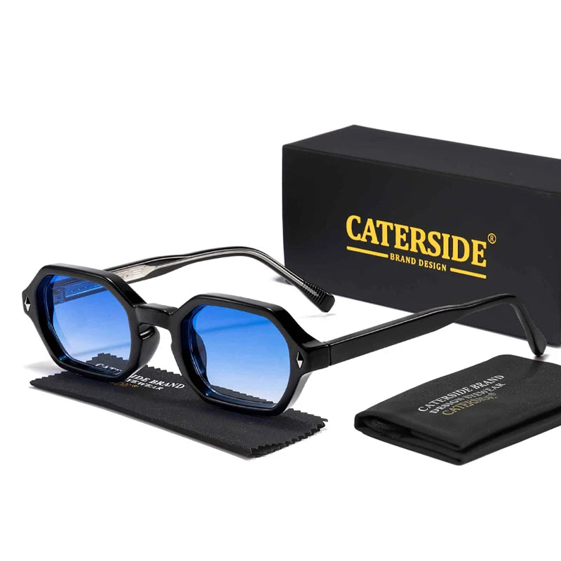 Lunettes de soleil hexagonales à monture noire avec verres bleus, boîte et étui Caterside